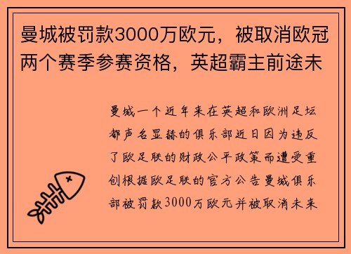 曼城被罚款3000万欧元，被取消欧冠两个赛季参赛资格，英超霸主前途未卜